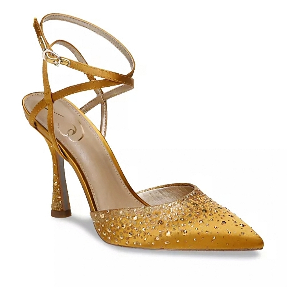 Sam Edelman Women's Hardy Embellished Ankle Strap Pumps, Gold Size 6.5 NWT